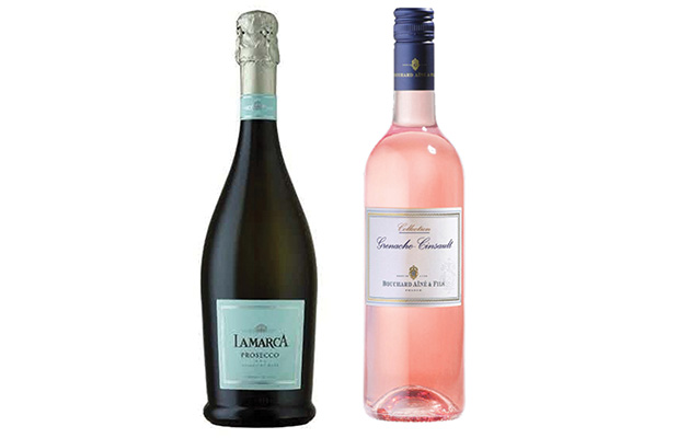 A bottle of La Marca prosecco and Grenache Cinsault rose.