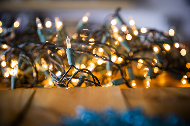 A box of lit Christmas lights.