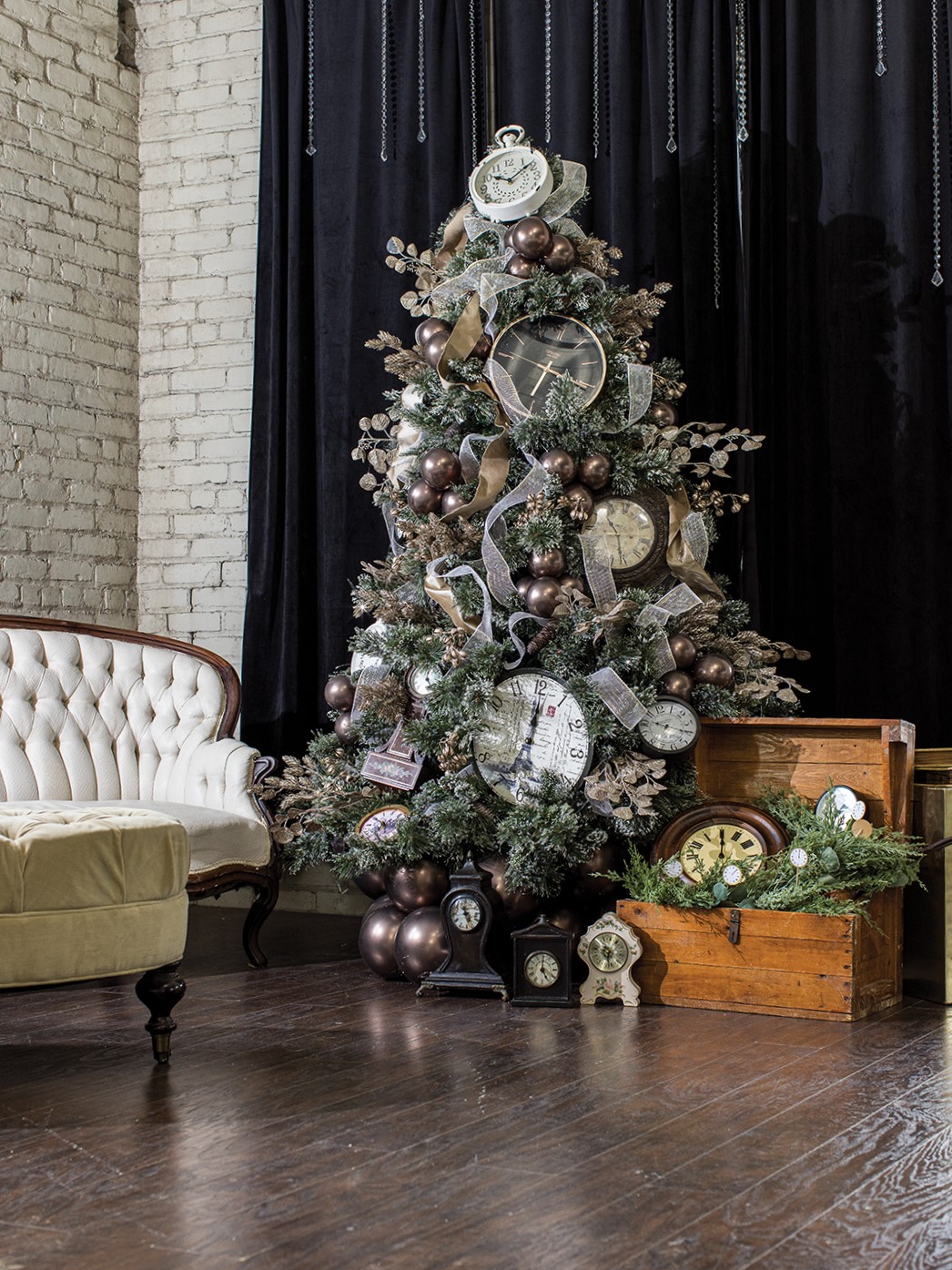 Don’t rush to take down that holiday tree. Instead, turn it into your centerpiece. Hendrickson suggests hunting for items such as vintage clocks and old mirrors at second-hand stores, or searching free listings on Facebook Marketplace.