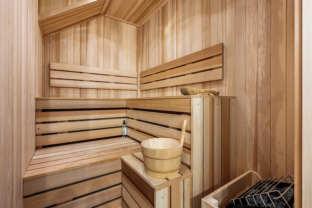 In-home sauna with a built-in heater.