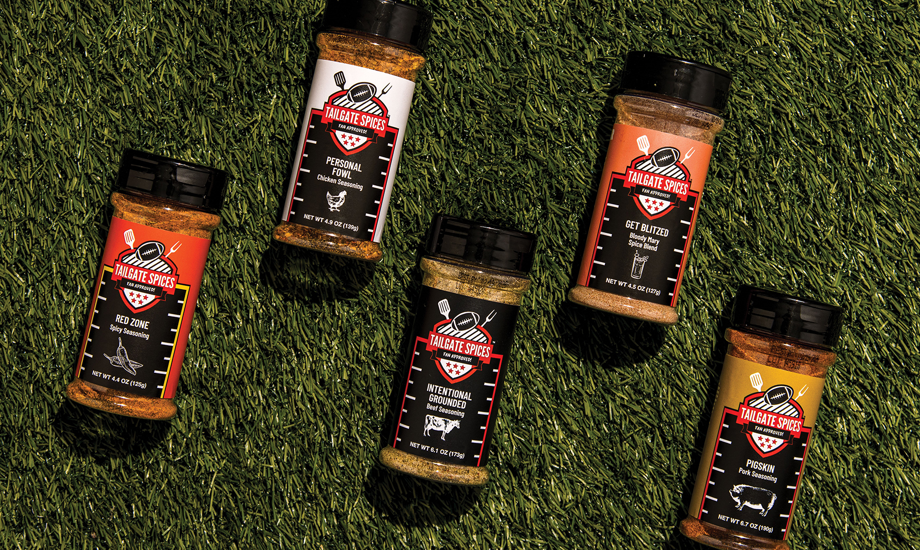 Tailgate Spices seasoning blends pay homage to their tailgating roots with double entendre names like Red Zone, Personal Fowl, Intentional Grounded, Get Blitzed and Pigskin.