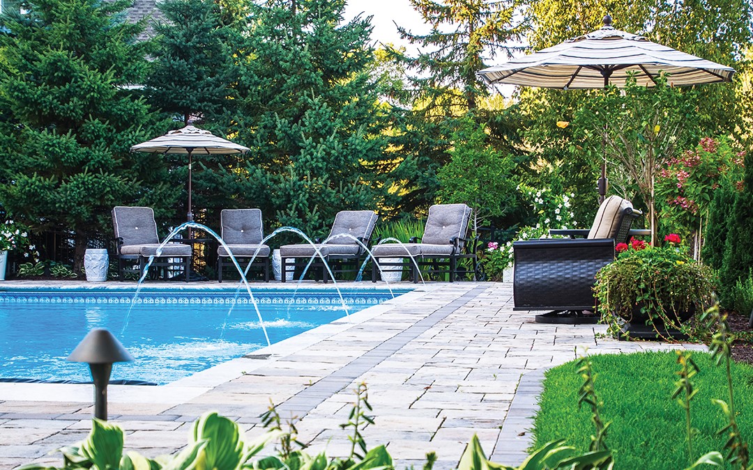 Water jets add an interactive element to lounging poolside.