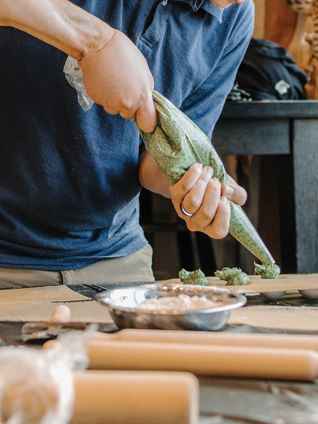 Top: In the ravioli class, students learn how to make a versatile Spinach Ricotta Filling.