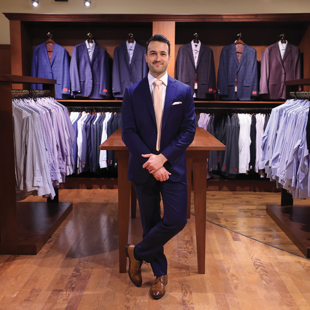 This suit showcases a modern fit that is a bit trimmer through the body and leg of the pant.