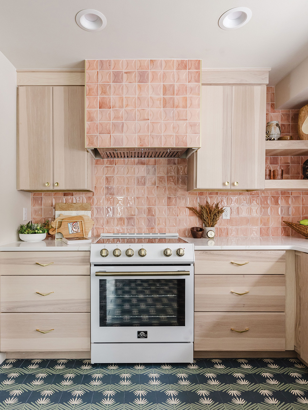 Taylor Morrill instantly fell in love with the structured pink tiles that would become an extended backsplash in the kitchen. The entire’ remodel project ended up being named after the Luna Arc tiles from The Tile Club.