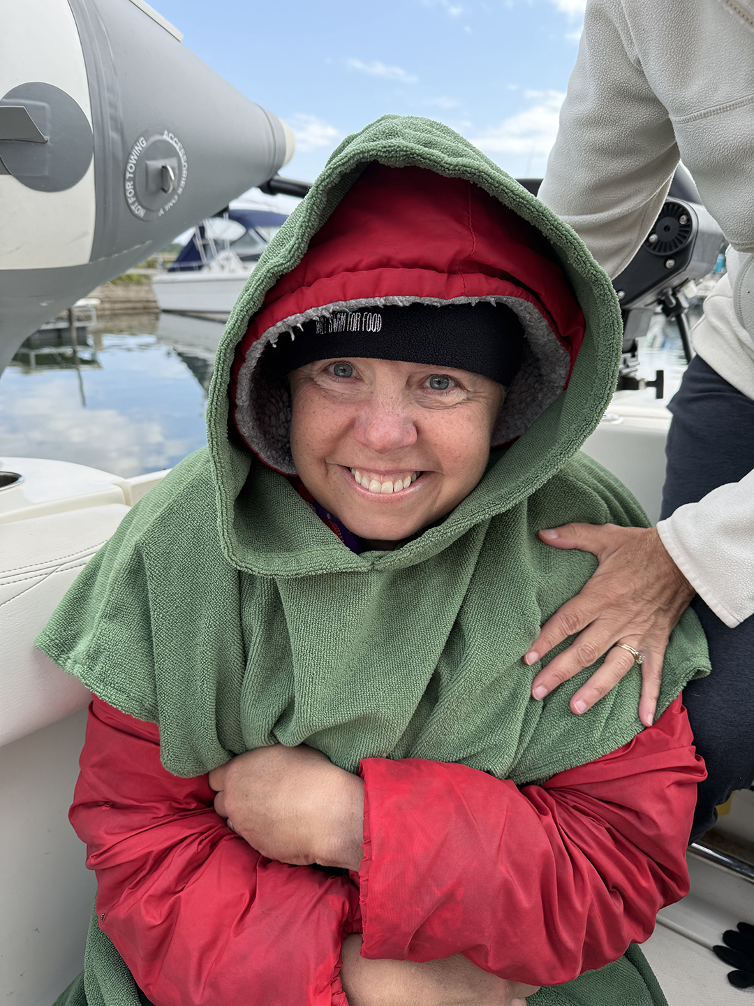 Karen Zemlin at Grand Portage harbor after her Lake Superior swim.