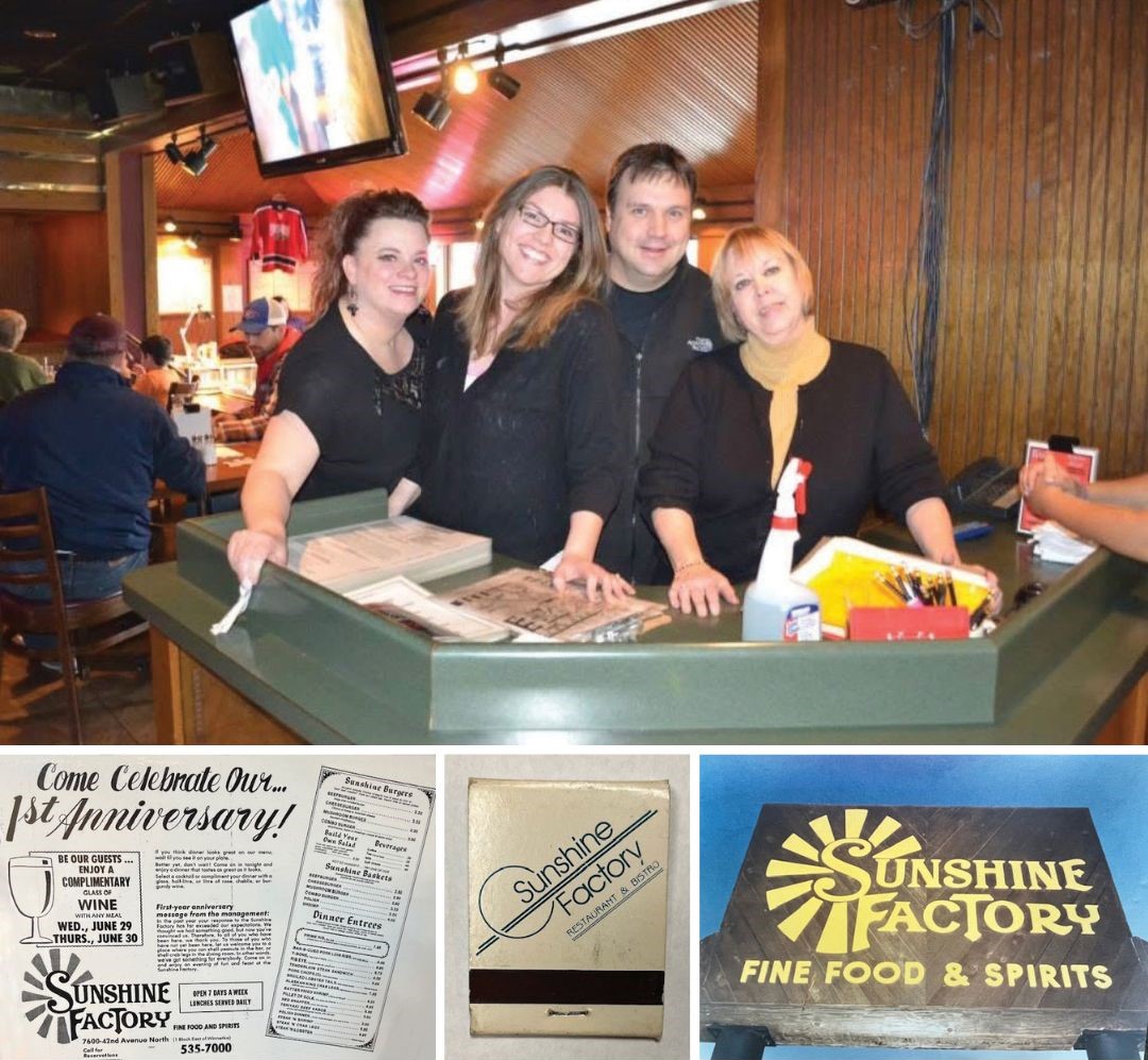 Top: Sunshine Factory Bar & Grill employees Misty, Krista, Brian and Sheila on November 19, 2013, the last day of business at the former location in New Hope. Bottom, from left to right: A menu from the first anniversary; an old matchbook; the original marquee sign.