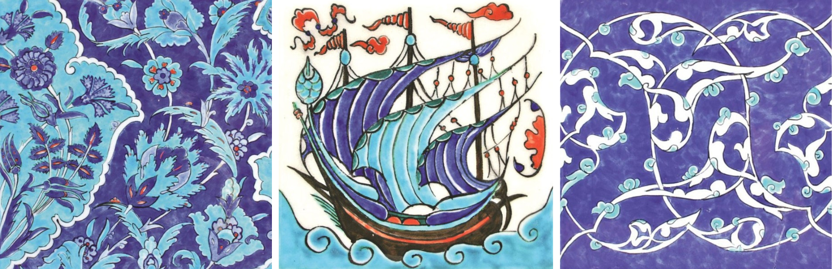 Seran Otterson’s hand-paintedtiles were influenced by designs from the 16th and 17th centuries. “These three tile designs represent the golden age of Ottoman Iznik ceramics, a historical milestone that revolutionized global pottery engineering and heavily influenced European Renaissance decorative arts through its masterfully stylized floral, geometric and maritime motifs,” she says.
